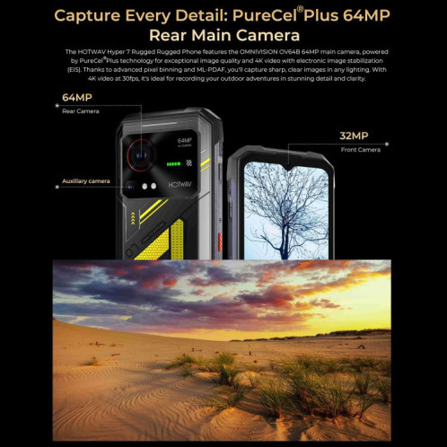  Téléphone robuste HOTWAV Hyper 7, 8 Go + 256 Go, 10 800 mAh, écran 6,6 pouces, Android 14, MediaTek Dimensity 7050 5G, réseau : 5G, OTG, NFC (jaune) SH256Y1179-025